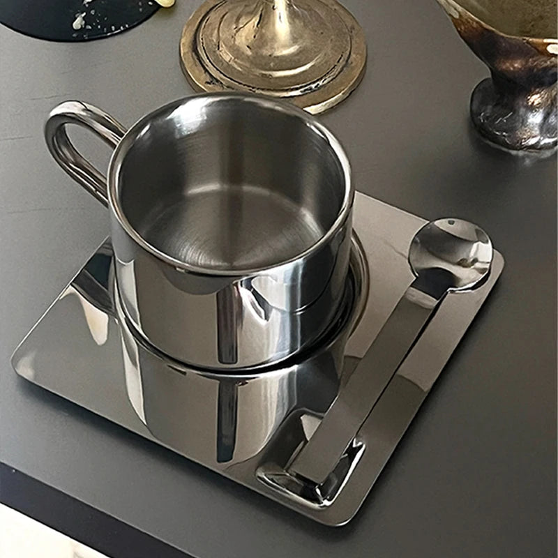 Stainless Steel Cup with Coaster and Spoon