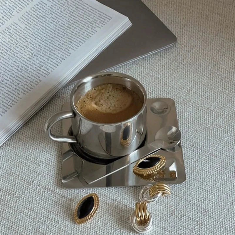 Stainless Steel Cup with Coaster and Spoon